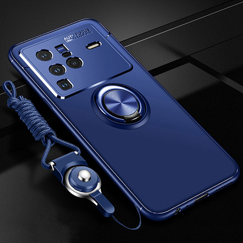 Ultra-thin Silicone Gel Soft Case Cover with Magnetic Finger Ring Stand SD3 for Vivo X80 Pro 5G Blue