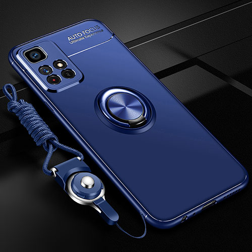 Ultra-thin Silicone Gel Soft Case Cover with Magnetic Finger Ring Stand SD3 for Xiaomi Poco M4 Pro 5G Blue