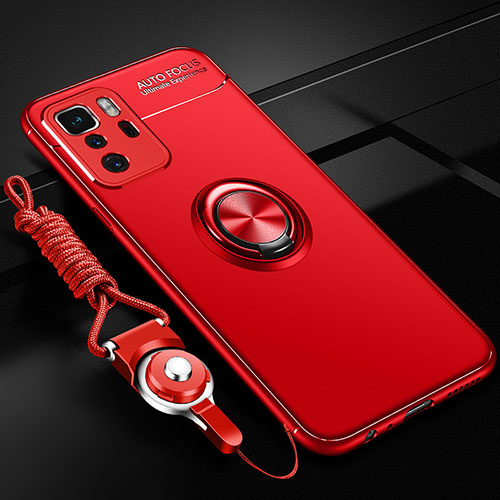 Ultra-thin Silicone Gel Soft Case Cover with Magnetic Finger Ring Stand SD3 for Xiaomi Redmi Note 10 Pro 5G Red