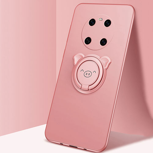 Ultra-thin Silicone Gel Soft Case Cover with Magnetic Finger Ring Stand T01 for Huawei Mate 40E 4G Rose Gold