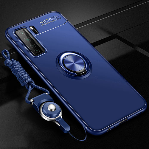 Ultra-thin Silicone Gel Soft Case Cover with Magnetic Finger Ring Stand T01 for Huawei Nova 7 SE 5G Blue