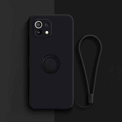 Ultra-thin Silicone Gel Soft Case Cover with Magnetic Finger Ring Stand T01 for Xiaomi Mi 11 Lite 5G Black