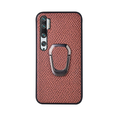 Ultra-thin Silicone Gel Soft Case Cover with Magnetic Finger Ring Stand T01 for Xiaomi Mi Note 10 Brown