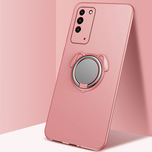 Ultra-thin Silicone Gel Soft Case Cover with Magnetic Finger Ring Stand T02 for Huawei Honor X10 5G Rose Gold