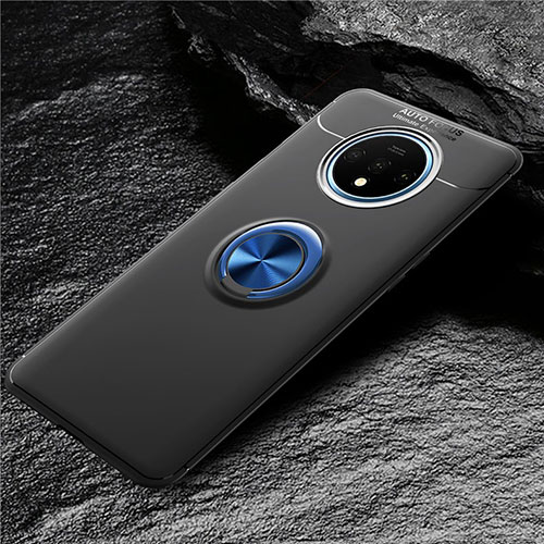 Ultra-thin Silicone Gel Soft Case Cover with Magnetic Finger Ring Stand T02 for OnePlus 7T Blue and Black