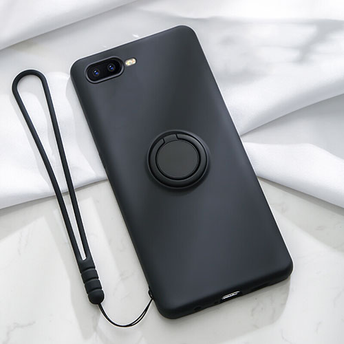 Ultra-thin Silicone Gel Soft Case Cover with Magnetic Finger Ring Stand T02 for Oppo R15X Black