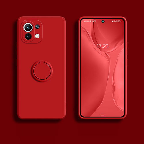 Ultra-thin Silicone Gel Soft Case Cover with Magnetic Finger Ring Stand T02 for Xiaomi Mi 11 Lite 5G NE Red