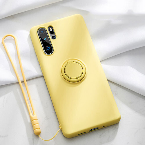 Ultra-thin Silicone Gel Soft Case Cover with Magnetic Finger Ring Stand T03 for Huawei P30 Pro Yellow