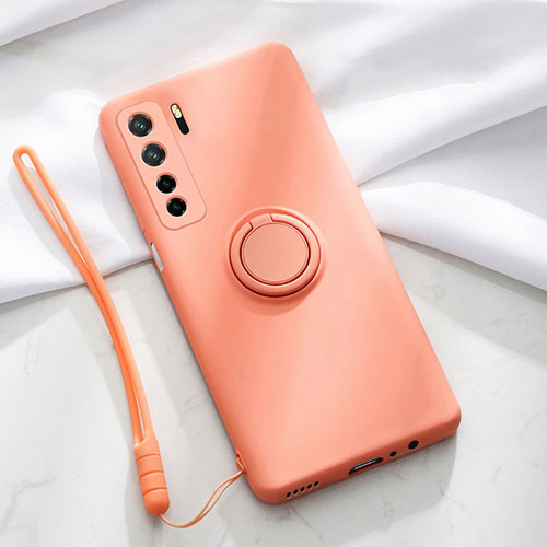 Ultra-thin Silicone Gel Soft Case Cover with Magnetic Finger Ring Stand T03 for Huawei P40 Lite 5G Orange