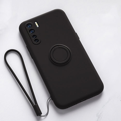 Ultra-thin Silicone Gel Soft Case Cover with Magnetic Finger Ring Stand T03 for Oppo K7 5G Black