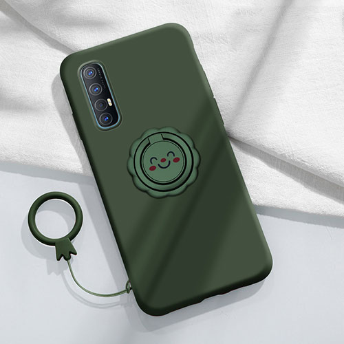 Ultra-thin Silicone Gel Soft Case Cover with Magnetic Finger Ring Stand T03 for Oppo Reno3 Pro Green