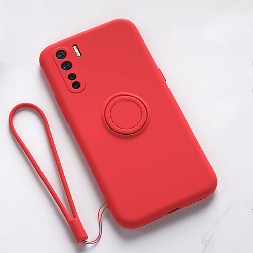 Ultra-thin Silicone Gel Soft Case Cover with Magnetic Finger Ring Stand T03 for Oppo Reno3 Red