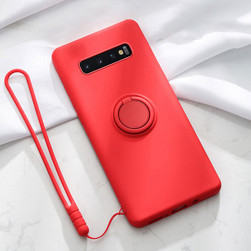 Ultra-thin Silicone Gel Soft Case Cover with Magnetic Finger Ring Stand T03 for Samsung Galaxy S10 Plus Red