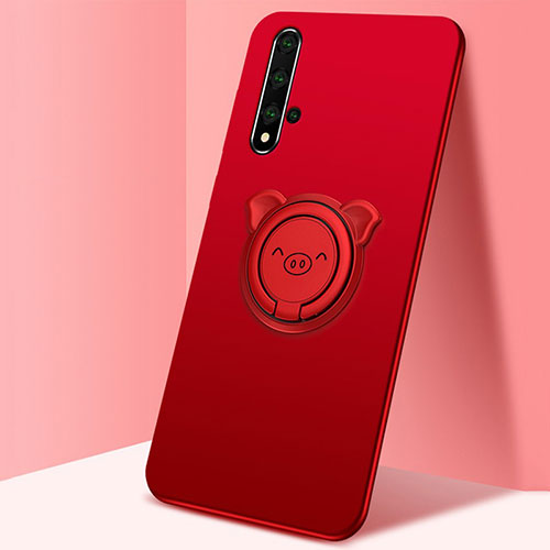 Ultra-thin Silicone Gel Soft Case Cover with Magnetic Finger Ring Stand T04 for Huawei Honor 20S Red