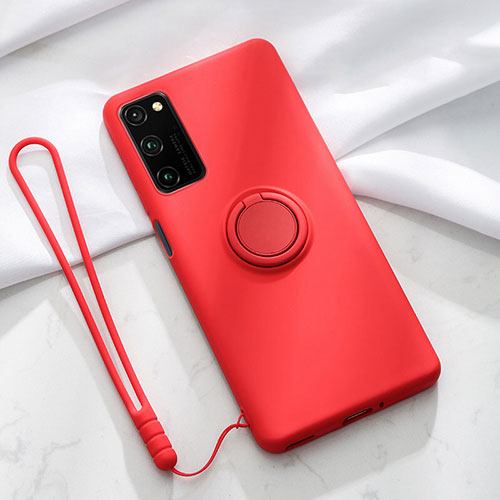 Ultra-thin Silicone Gel Soft Case Cover with Magnetic Finger Ring Stand T04 for Huawei Honor View 30 5G Red