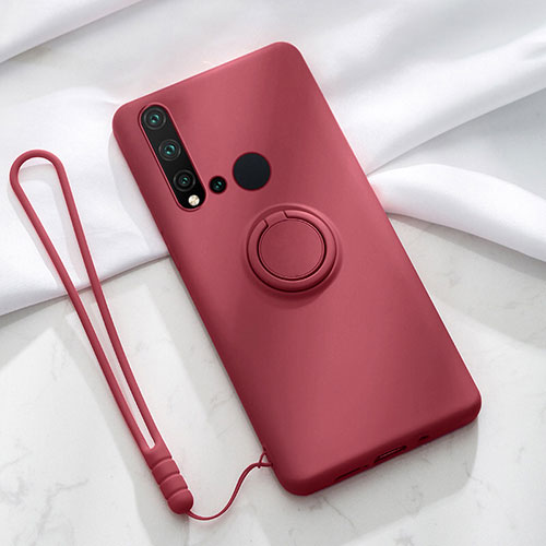 Ultra-thin Silicone Gel Soft Case Cover with Magnetic Finger Ring Stand T04 for Huawei Nova 5i Red Wine