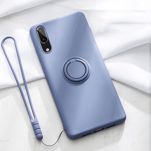 Ultra-thin Silicone Gel Soft Case Cover with Magnetic Finger Ring Stand T04 for Huawei P20 Purple