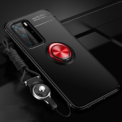 Ultra-thin Silicone Gel Soft Case Cover with Magnetic Finger Ring Stand T04 for Huawei P40 Pro Red and Black