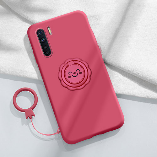 Ultra-thin Silicone Gel Soft Case Cover with Magnetic Finger Ring Stand T04 for Oppo F15 Red Wine