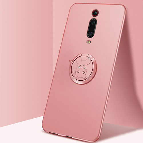 Ultra-thin Silicone Gel Soft Case Cover with Magnetic Finger Ring Stand T04 for Xiaomi Redmi K20 Pink