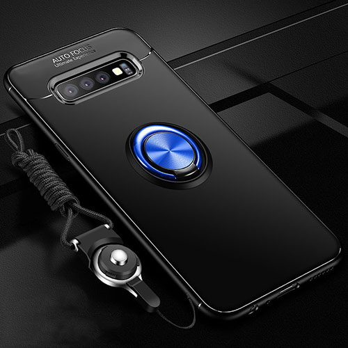 Ultra-thin Silicone Gel Soft Case Cover with Magnetic Finger Ring Stand T05 for Samsung Galaxy S10 Plus Blue and Black