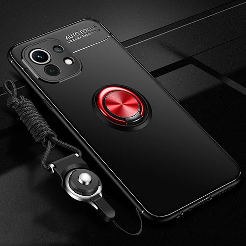 Ultra-thin Silicone Gel Soft Case Cover with Magnetic Finger Ring Stand T05 for Xiaomi Mi 11 Lite 5G NE Red and Black