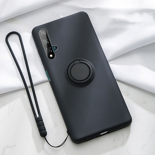 Ultra-thin Silicone Gel Soft Case Cover with Magnetic Finger Ring Stand T06 for Huawei Honor 20S Black