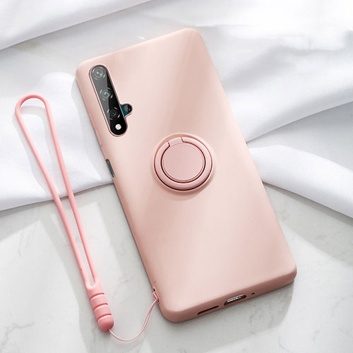 Ultra-thin Silicone Gel Soft Case Cover with Magnetic Finger Ring Stand T06 for Huawei Honor 20S Pink