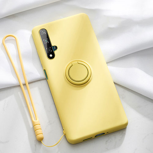 Ultra-thin Silicone Gel Soft Case Cover with Magnetic Finger Ring Stand T06 for Huawei Honor 20S Yellow