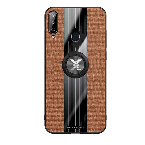 Ultra-thin Silicone Gel Soft Case Cover with Magnetic Finger Ring Stand X02L for Samsung Galaxy A20s Brown