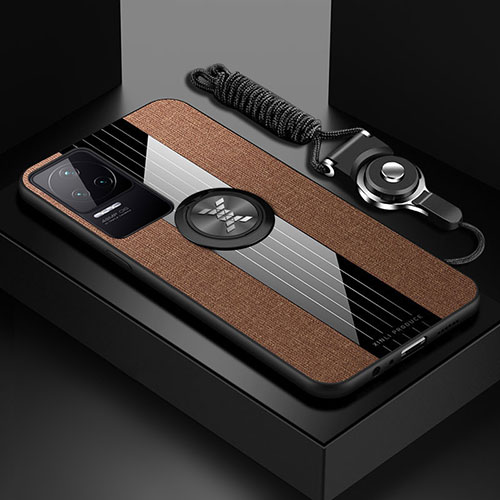 Ultra-thin Silicone Gel Soft Case Cover with Magnetic Finger Ring Stand X03L for Xiaomi Poco F4 5G Brown