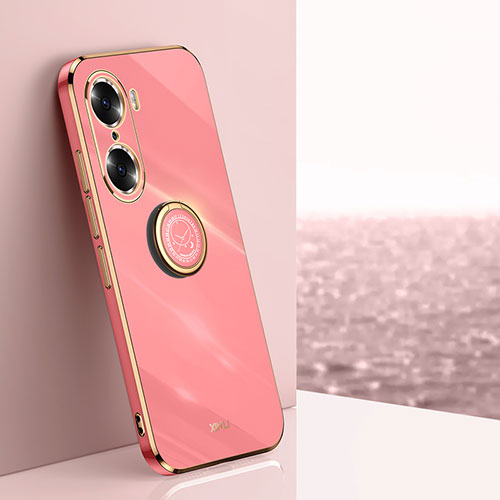 Ultra-thin Silicone Gel Soft Case Cover with Magnetic Finger Ring Stand XL1 for Huawei Honor 60 Pro 5G Hot Pink