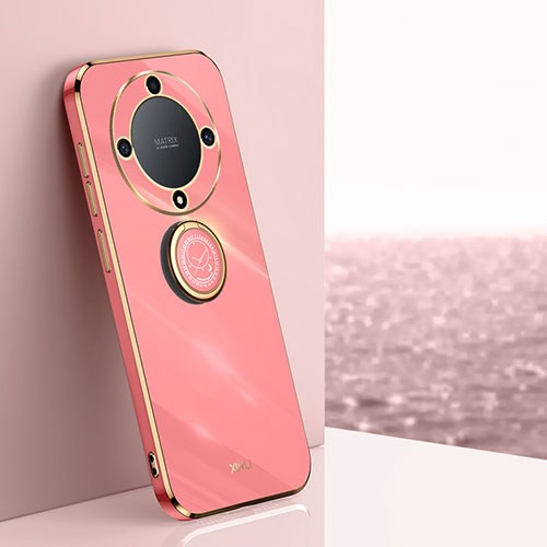 Ultra-thin Silicone Gel Soft Case Cover with Magnetic Finger Ring Stand XL1 for Huawei Honor X9a 5G Hot Pink