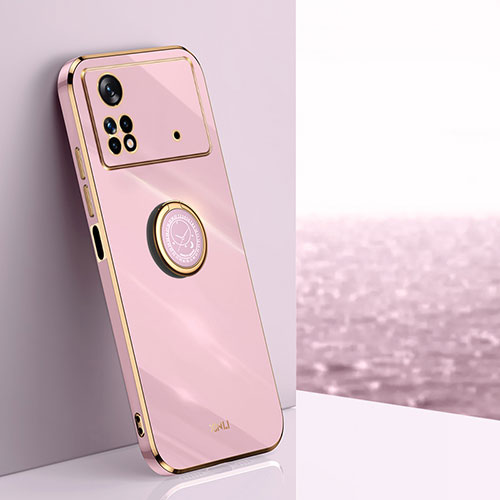 Ultra-thin Silicone Gel Soft Case Cover with Magnetic Finger Ring Stand XL1 for Xiaomi Poco X4 Pro 5G Pink