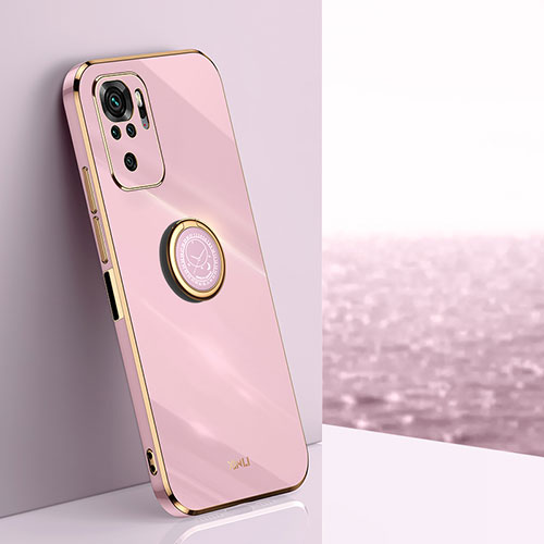 Ultra-thin Silicone Gel Soft Case Cover with Magnetic Finger Ring Stand XL1 for Xiaomi Redmi Note 10 4G Pink