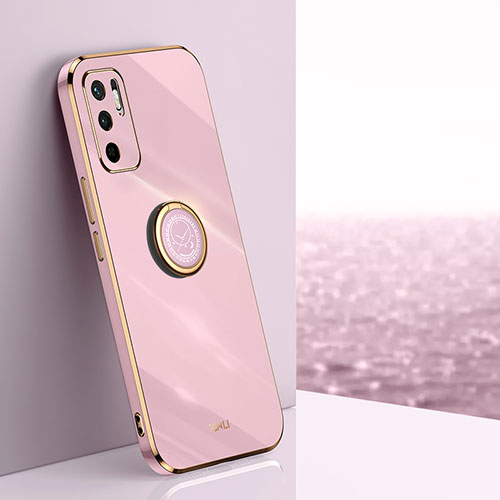 Ultra-thin Silicone Gel Soft Case Cover with Magnetic Finger Ring Stand XL1 for Xiaomi Redmi Note 10 5G Pink