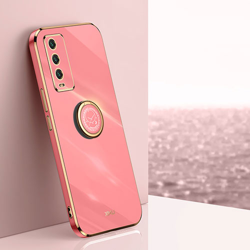 Ultra-thin Silicone Gel Soft Case Cover with Magnetic Finger Ring Stand XL1 for Xiaomi Redmi Note 9 4G Hot Pink