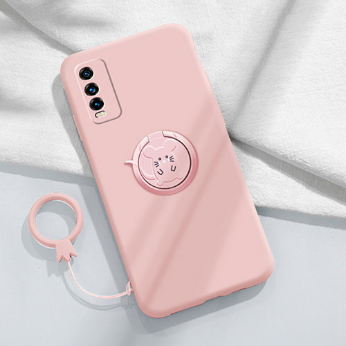 Ultra-thin Silicone Gel Soft Case Cover with Magnetic Finger Ring Stand YK1 for Vivo Y20G Pink