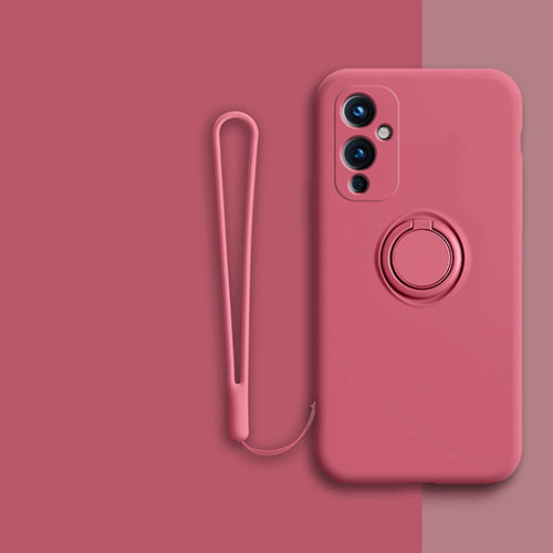 Ultra-thin Silicone Gel Soft Case Cover with Magnetic Finger Ring Stand Z01 for OnePlus 9 5G Hot Pink