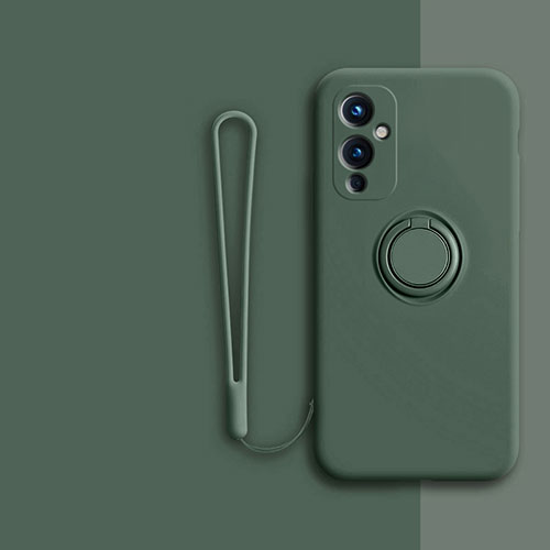 Ultra-thin Silicone Gel Soft Case Cover with Magnetic Finger Ring Stand Z01 for OnePlus 9 5G Midnight Green