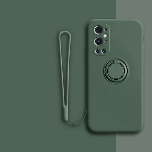 Ultra-thin Silicone Gel Soft Case Cover with Magnetic Finger Ring Stand Z01 for OnePlus 9 Pro 5G Midnight Green