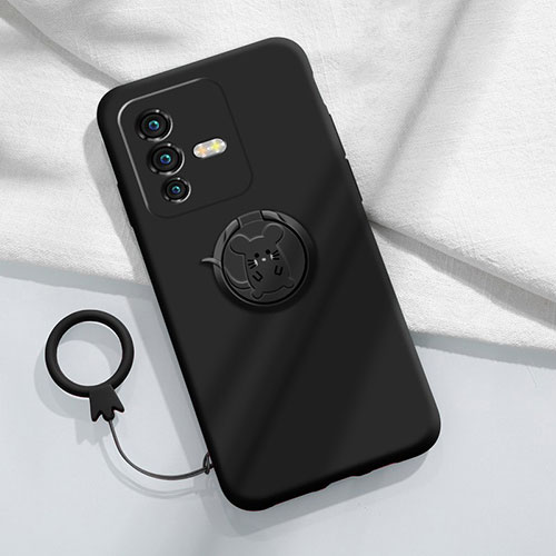 Ultra-thin Silicone Gel Soft Case Cover with Magnetic Finger Ring Stand Z01 for Vivo V23 5G Black