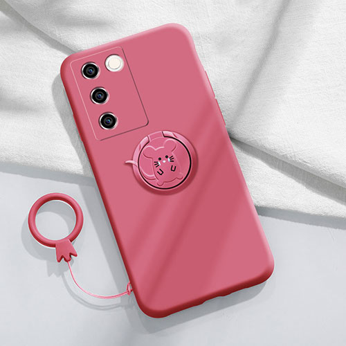 Ultra-thin Silicone Gel Soft Case Cover with Magnetic Finger Ring Stand Z01 for Vivo V27 5G Hot Pink