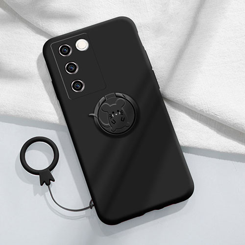 Ultra-thin Silicone Gel Soft Case Cover with Magnetic Finger Ring Stand Z01 for Vivo V27e 5G Black