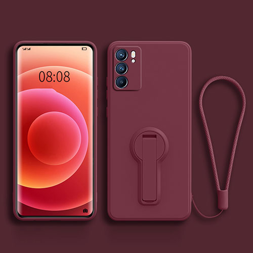 Ultra-thin Silicone Gel Soft Case Cover with Stand for Oppo Reno6 5G Red Wine