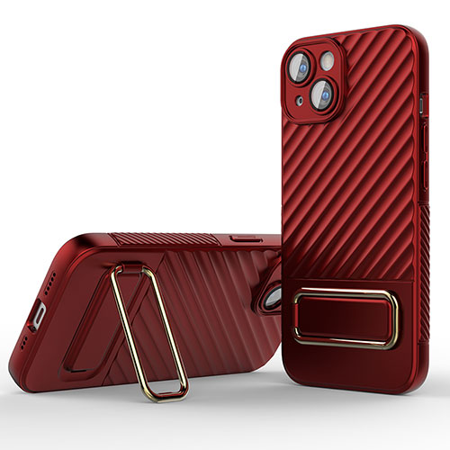 Ultra-thin Silicone Gel Soft Case Cover with Stand KC2 for Apple iPhone 15 Red