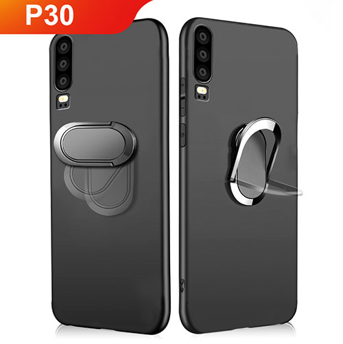 Ultra-thin Silicone Gel Soft Case with Magnetic Finger Ring Stand for Huawei P30 Black