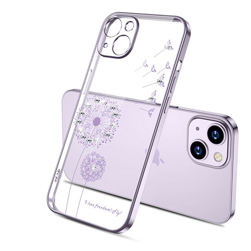 Ultra-thin Transparent Flowers Soft Case Cover for Apple iPhone 15 Plus Purple