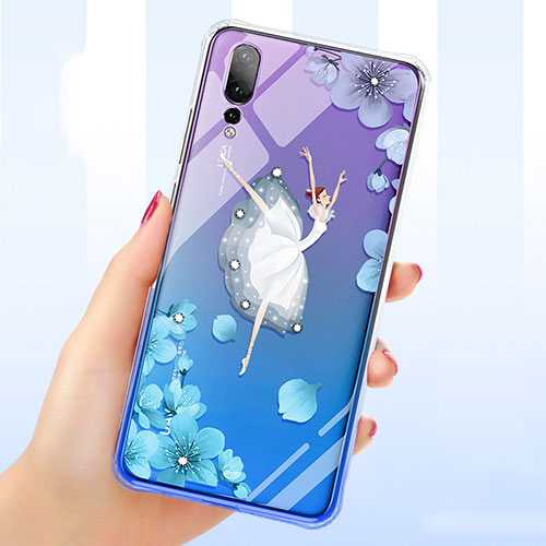 Ultra-thin Transparent Flowers Soft Case Cover T01 for Huawei P20 Pro Blue