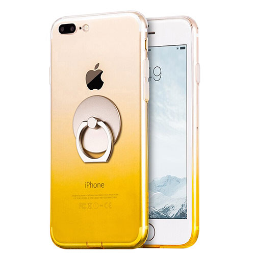 Ultra-thin Transparent Gel Gradient Soft Case with Finger Ring Stand for Apple iPhone 7 Plus Yellow